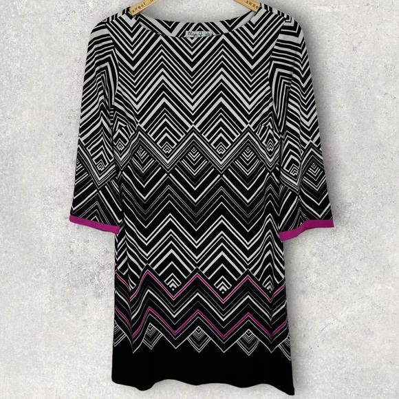 Nordstrom Eliza J Zig Zag Shift Dress Black‎ White Pink Size 4 Stretch EJ4M7405 - Picture 2 of 12
